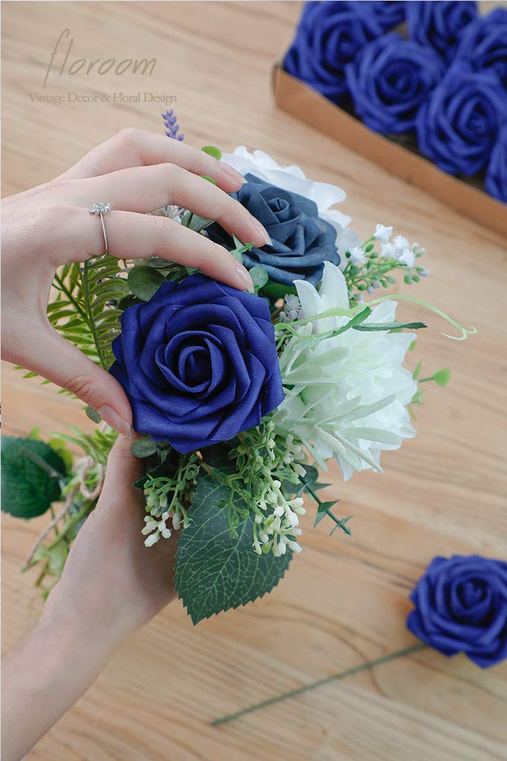 Floroom Artificial Flowers 50pcs Real Looking Royal Blue Foam Fake Roses with Stems for DIY Wedding Bouquets Bridal Shower Centerpieces Floral Arrangements Party Tables Home Decorations - Image 2
